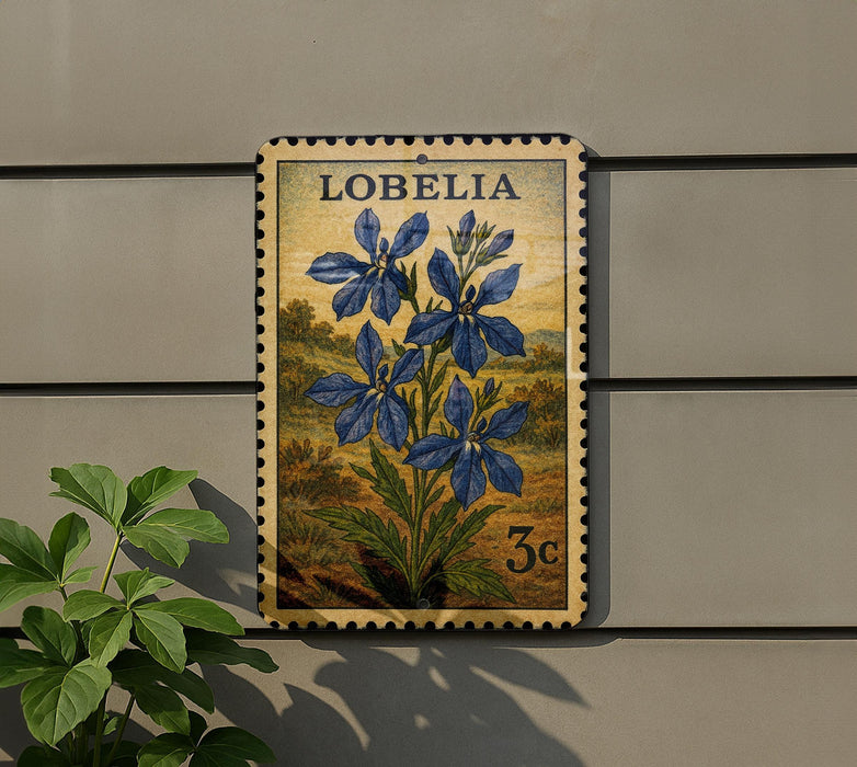 A postage stamp featuring a blue flower is displayed on a wall, with a plant to the left.
