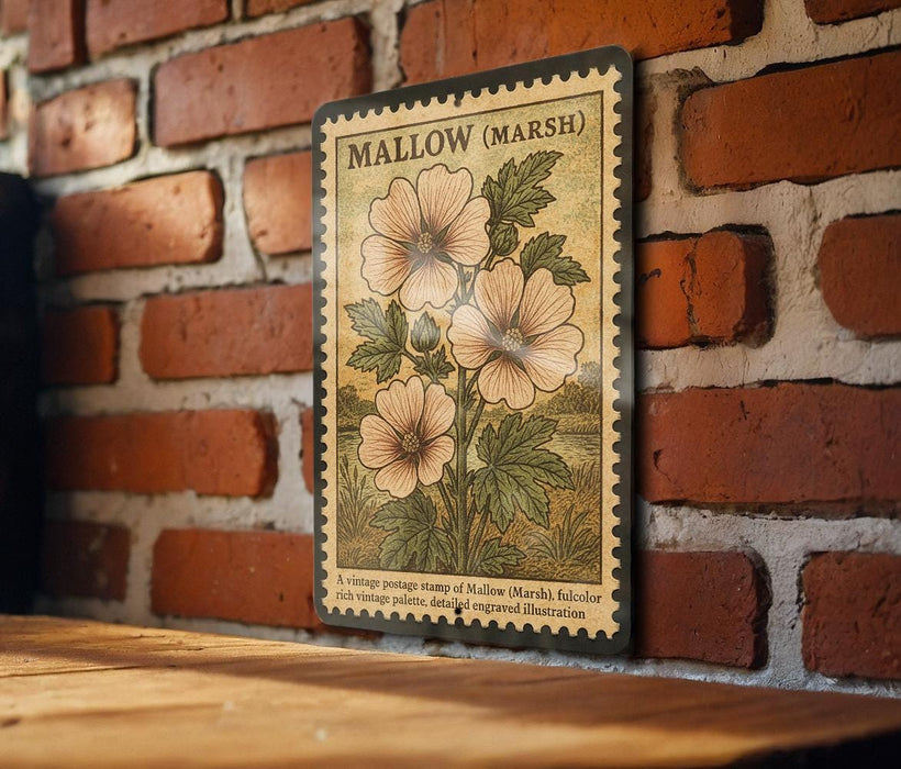 A vintage postage stamp depicting a flower with the text "MALLOW (MARSH)" printed on it, mounted on a brick wall.