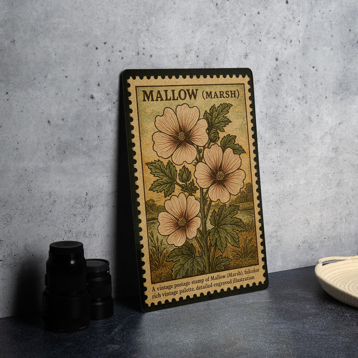 A vintage postage stamp featuring a floral design, including three pink flowers and green leaves, is displayed on a table.