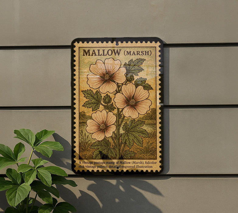 A vintage postage stamp depicting a plant called 'Mallow ( Marsh )', featuring three large pink flowers with green leaves.