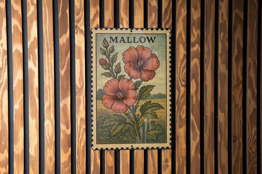 A framed vintage stamp depicting two red hibiscus flowers is displayed on a wooden wall.