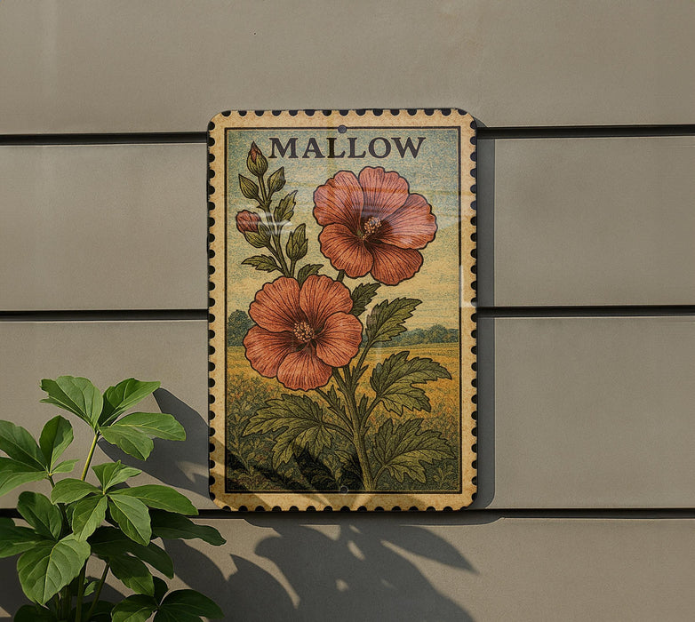 A vintage-style metal sign with a floral illustration of two red flowers and green leaves, mounted on a wall.