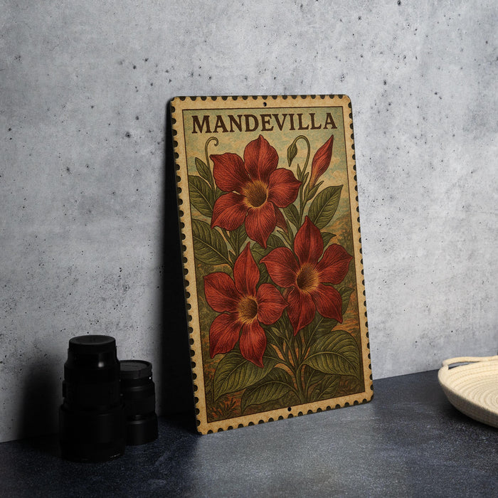 A framed vintage stamp with the text "MANDEVILLA" and an illustration of red flowers on a green background, placed on a gray countertop next to some black camera lenses.