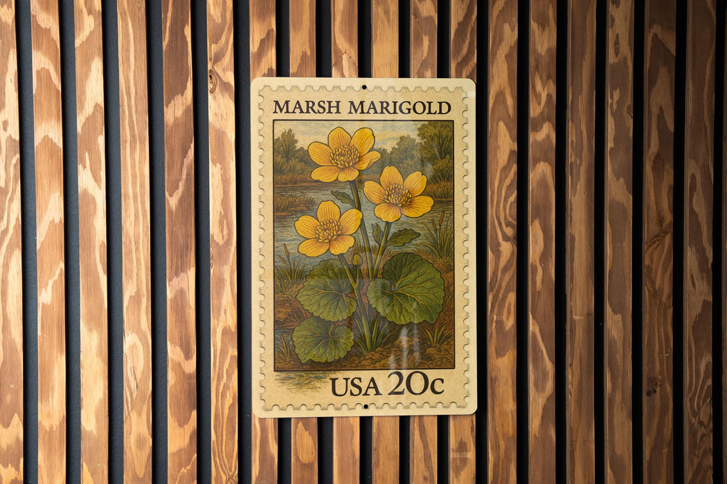Marsh Marigold Vintage Stamp Style Metal Sign, Marsh Marigold Flower Plaque, Botanical Wall Decor, Garden Sign