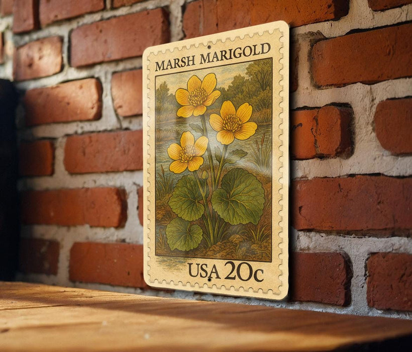 Marsh Marigold Vintage Stamp Style Metal Sign, Marsh Marigold Flower Plaque, Botanical Wall Decor, Garden Sign