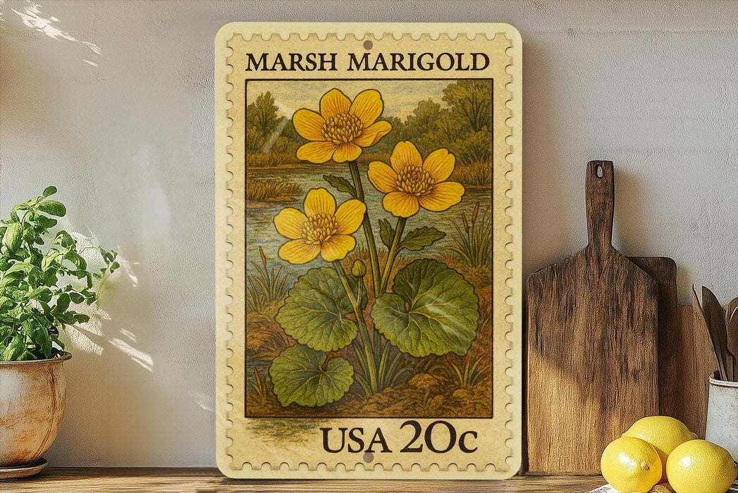 Marsh Marigold Vintage Stamp Style Metal Sign, Marsh Marigold Flower Plaque, Botanical Wall Decor, Garden Sign