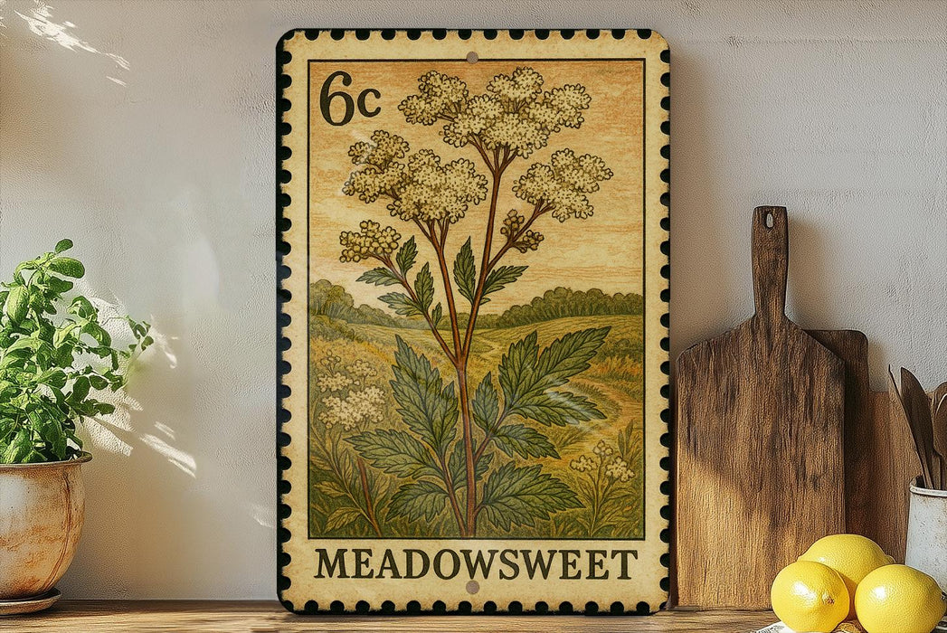 a vintage-style stamp with a floral design, placed on a wooden surface next to a wooden cutting board and some potted plants.