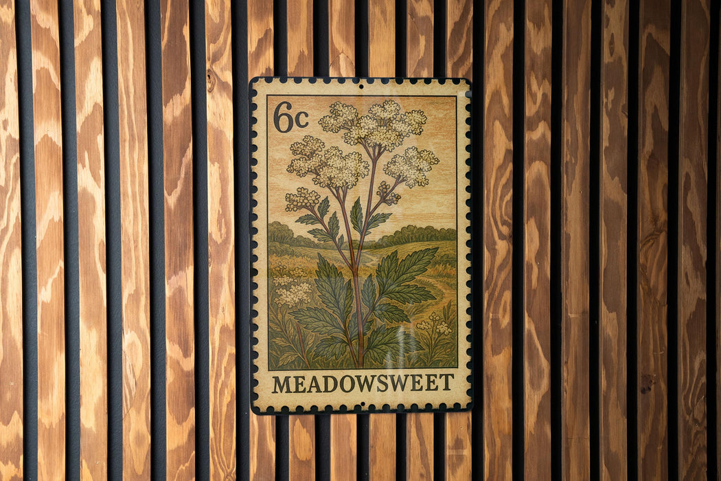 A vintage-style postage stamp featuring a meadow sweet plant is displayed on a wooden wall.
