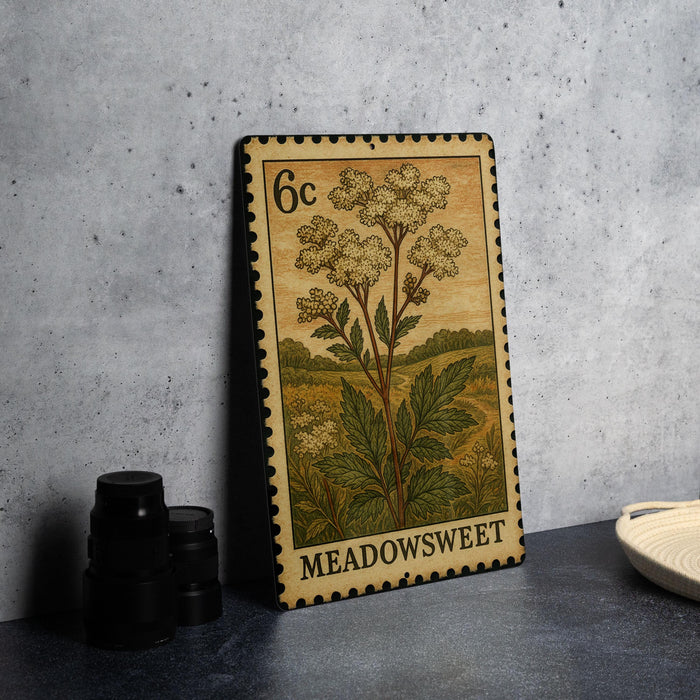 A metal stamp with a floral design and text, placed on a table next to some black camera lenses.