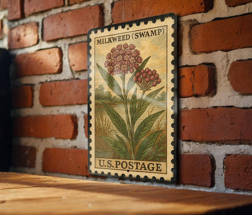 A vintage-style postage stamp featuring a milkweeds (swamp) plant, mounted on a brick wall.