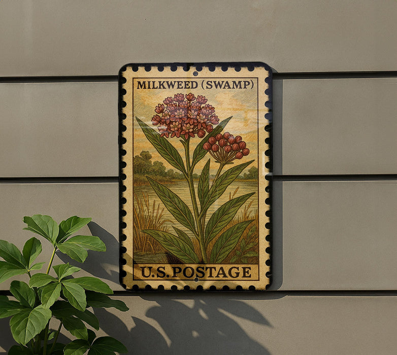 A vintage-style postage stamp featuring a milkweeds swamp plant, mounted on a wall next to a plant.