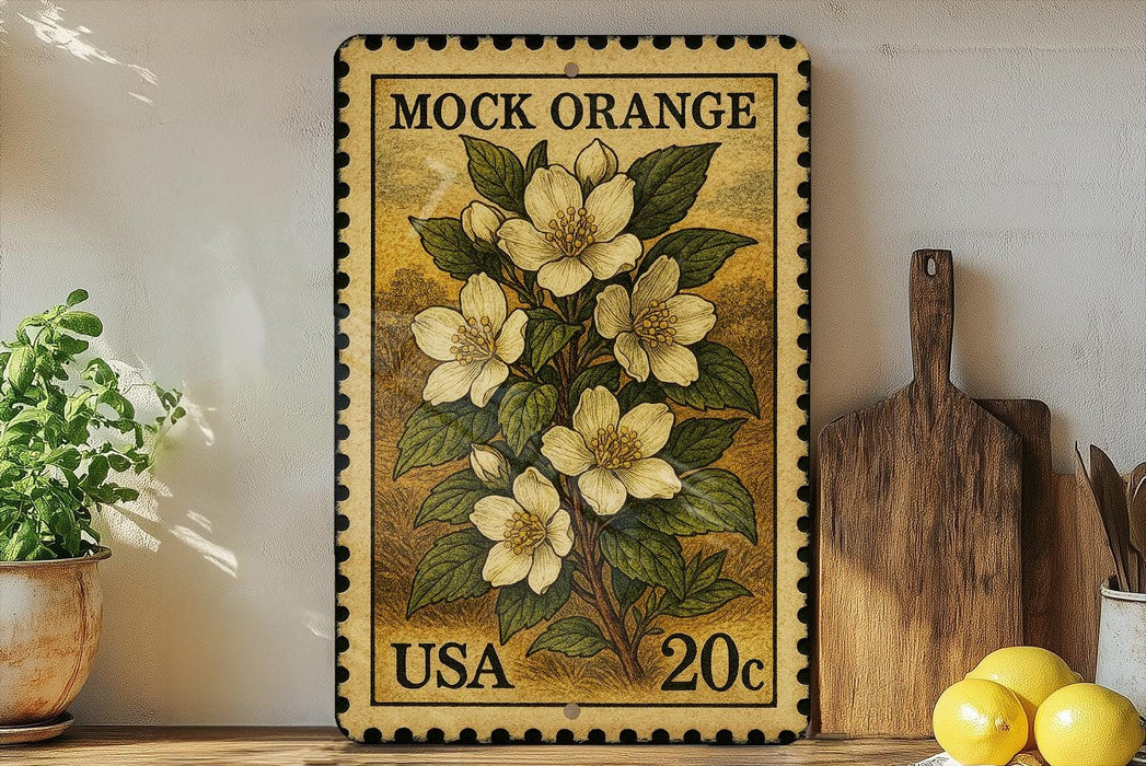 A vintage-style postage stamp featuring a floral design, placed on a wooden surface next to a potted plant and kitchen utensils.