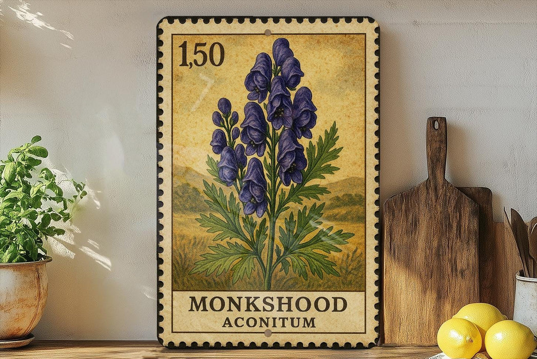 A framed illustration of a blue flower on a wooden shelf, with a kitchen-themed background and a wooden cutting board to the right.