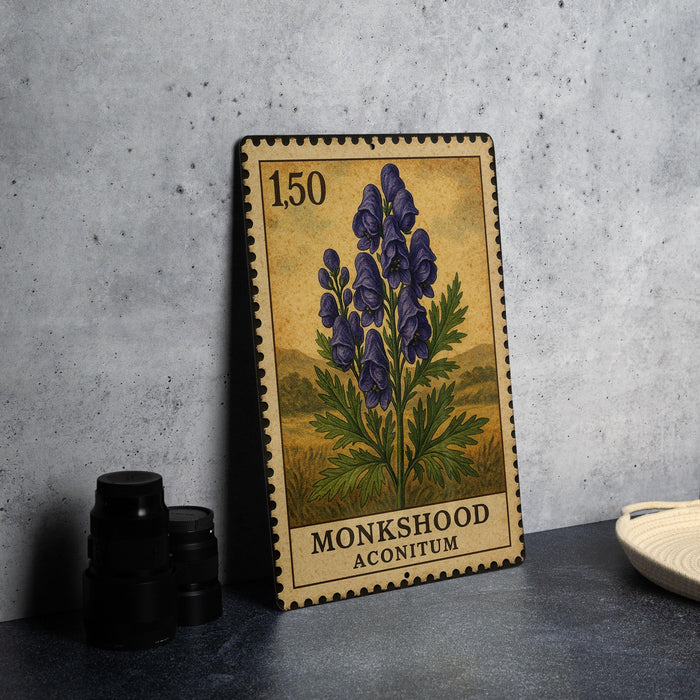 A metal stamp featuring a depiction of blue flowers, likely a Monkshood acontum, is displayed on a table next to some black camera lenses.