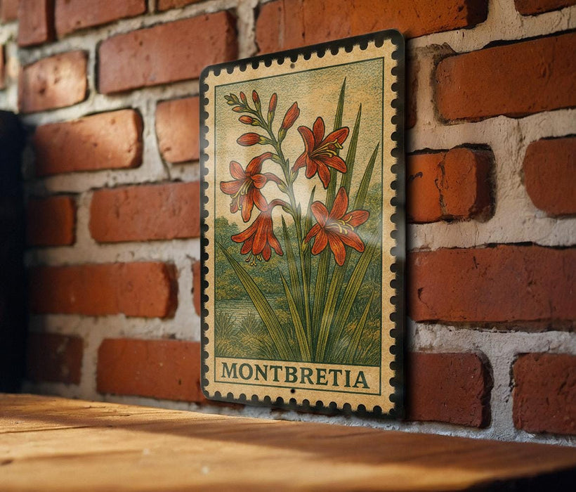 A vintage-style metal stamp featuring a floral illustration is displayed on a brick wall.