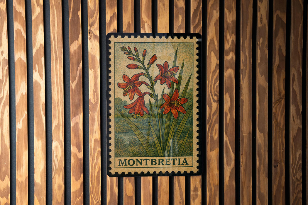 A framed postcard with a floral illustration is hanging on a wooden wall.