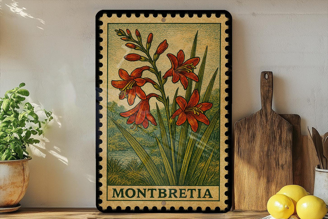 A framed illustration of red flowers is displayed on a shelf, accompanied by a wooden cutting board and a potted plant.