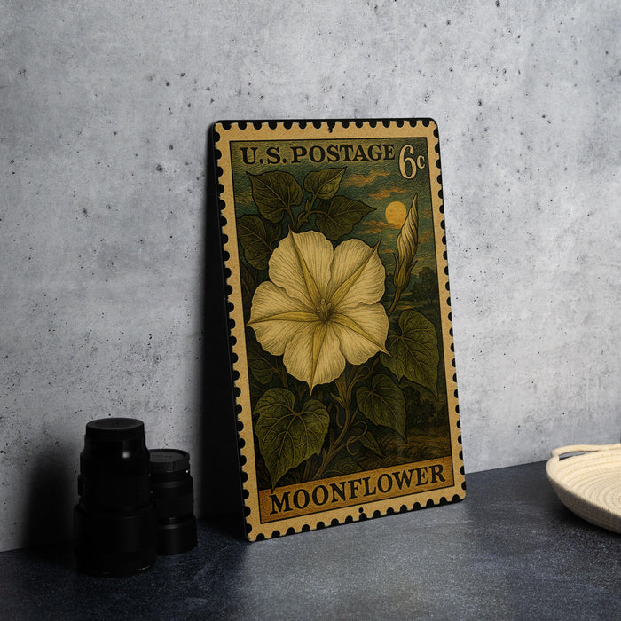 A vintage U.S. postage stamp featuring a yellow moonflower, placed on a gray countertop next to some black camera lenses.