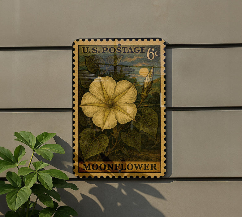 A U.S. postage stamp featuring a yellow flower, mounted on a wall next to a plant.