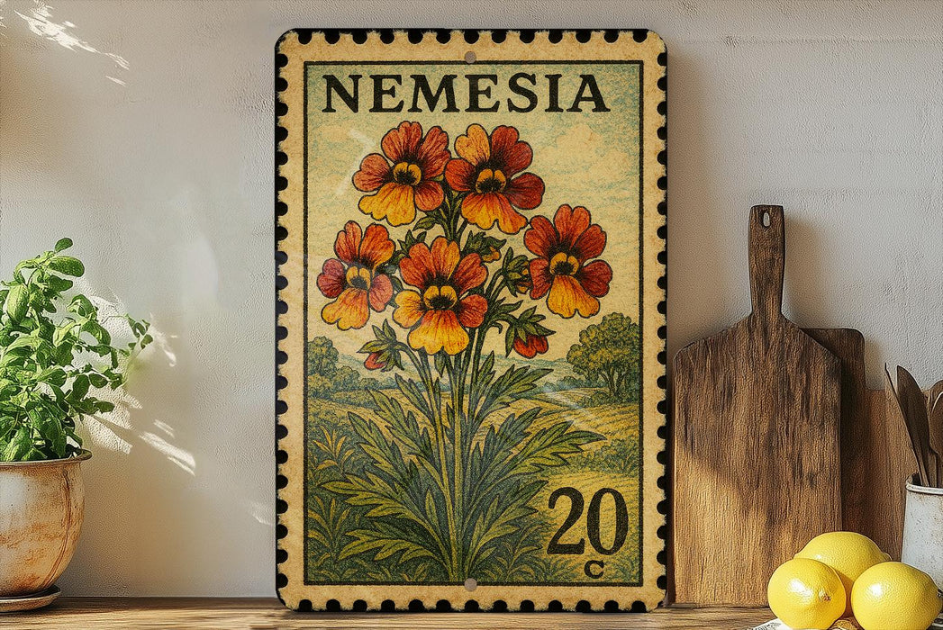 A vintage-style postage stamp featuring a vibrant illustration of orange and yellow flowers, placed on a wooden surface next to a wooden cutting board and a potted plant.