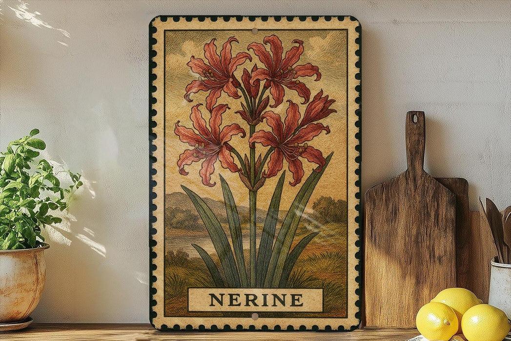 A framed illustration of a lily flower is displayed on a shelf, accompanied by a wooden cutting board, a potted plant, and a bowl of lemons.