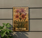 a decorative metal plaque with a floral illustration of red lilies, mounted on a wall next to a plant.