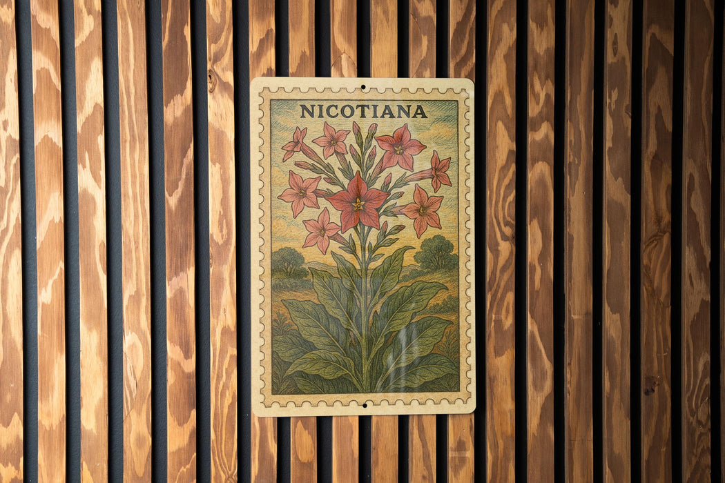 A vintage-style postage stamp featuring a floral illustration of Nicotiana flowers, which is affixed to a wooden wall.
