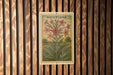 A vintage-style postage stamp featuring a floral illustration of Nicotiana flowers, which is affixed to a wooden wall.