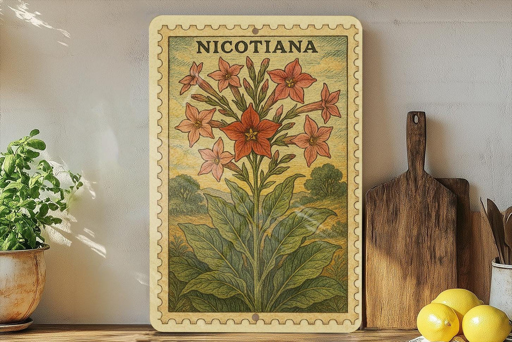 A framed botanical illustration of Nicotiana flowers is displayed on a shelf, accompanied by kitchen utensils and a potted plant.