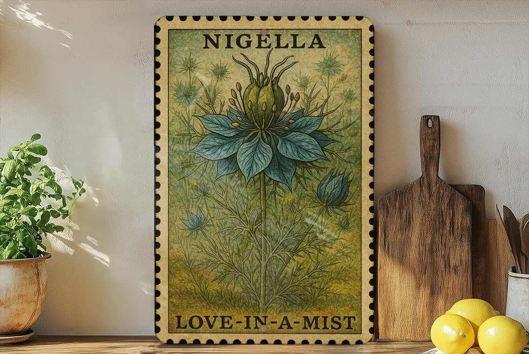 A framed illustration of a flower with the text "NIGELLA LOVE-IN-A-MIST" is displayed on a shelf, accompanied by a wooden cutting board and a potted plant.