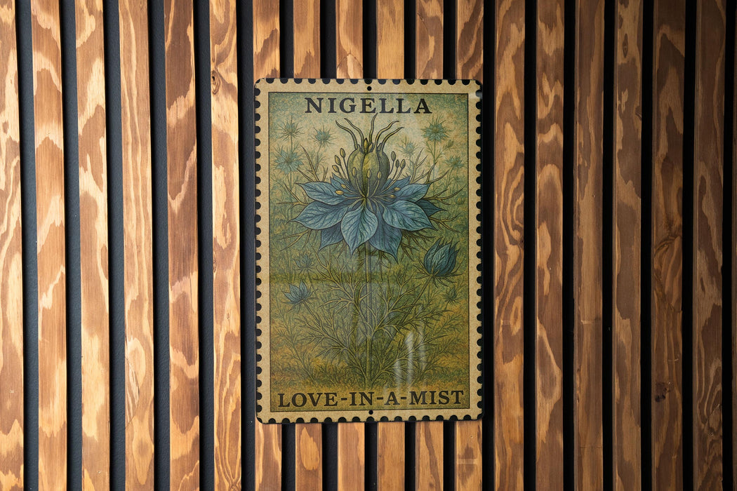 A vintage postage stamp featuring a blue flower is displayed on a wooden wall.