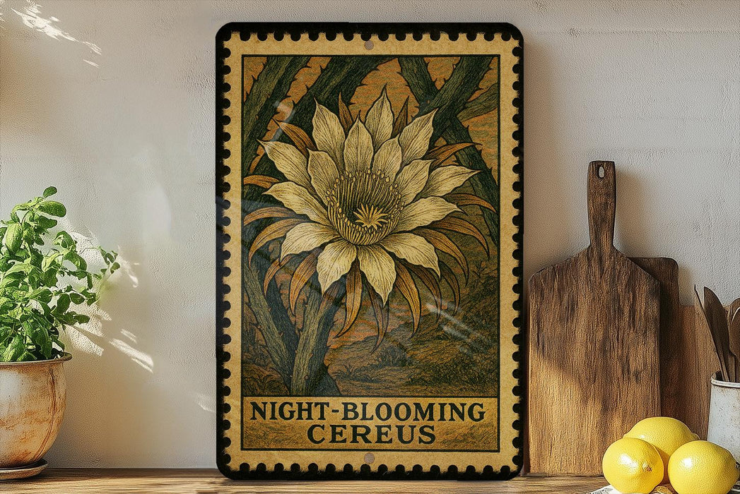 a framed illustration of a cactus flower, with the text "NIGHT-BLOOMING CEREUS" below it. The frame is placed on a shelf next to a wooden cutting board and a potted plant.