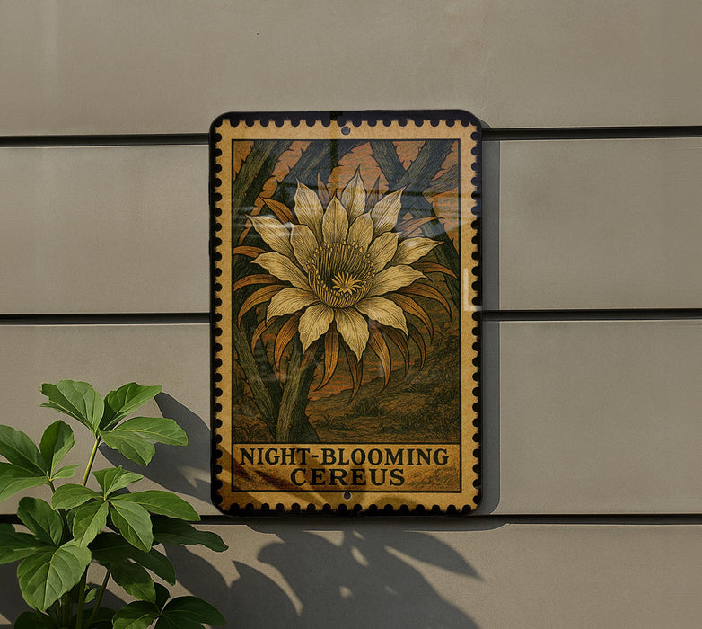 a decorative sign with a large yellow flower on it, mounted on a wall next to a plant.