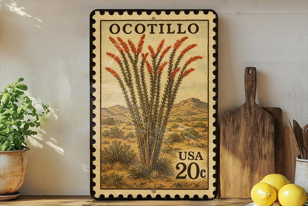 a framed stamp with a desert scene, a potted plant, and a wooden cutting board, all placed on a shelf.