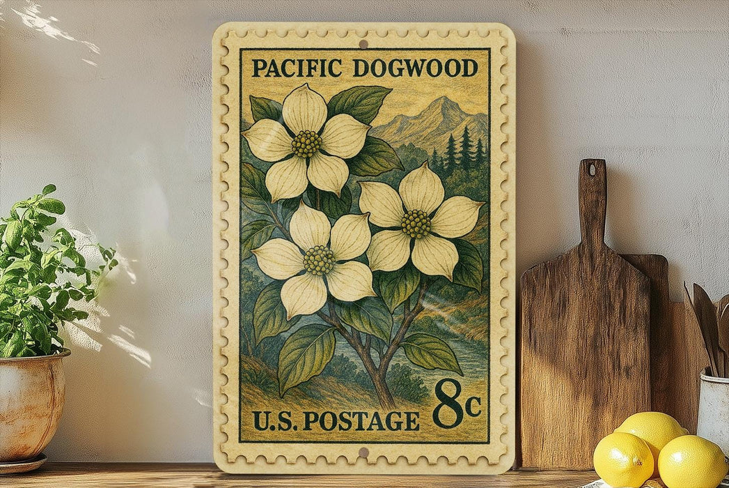 A framed U.S. postage stamp depicting a flower on a wooden surface, with a potted plant and kitchen utensils visible in the background.