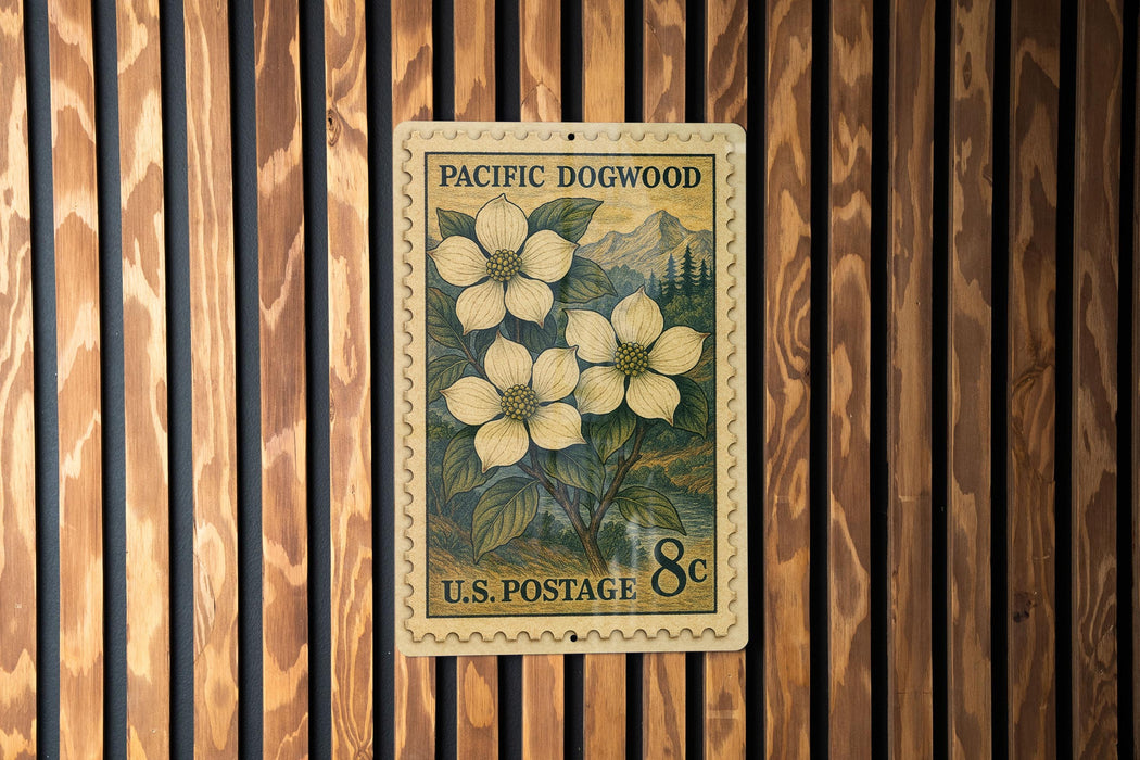 A U.S. postage stamp featuring a floral design is displayed on a wooden wall.