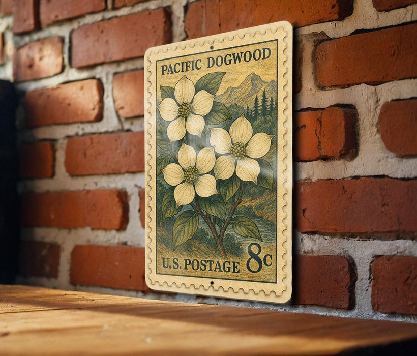 A vintage U.S. postage stamp featuring a floral design is displayed on a brick wall.