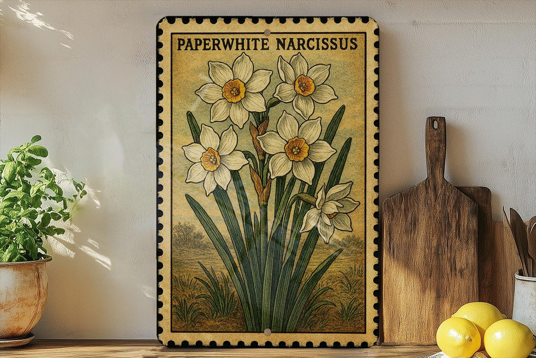 A framed illustration of a daffodil plant is displayed on a shelf, accompanied by a wooden cutting board and a potted plant.