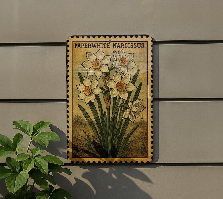 a framed illustration of a daffodil plant with yellow flowers, mounted on a wall.