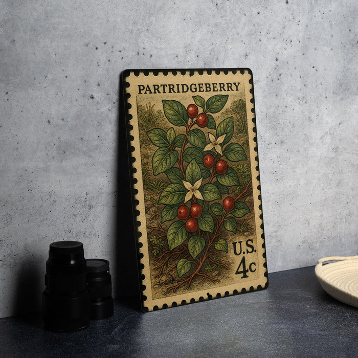 A vintage postage stamp featuring a detailed illustration of a berry plant with red berries and green leaves, placed on a dark surface next to some black camera lenses.