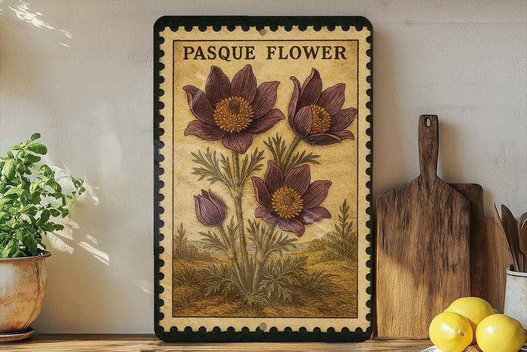 a framed illustration of a pasque flower on a shelf, with a potted plant to the left and a wooden cutting board to the right.