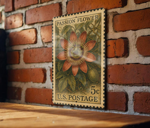 A vintage U.S. postage stamp featuring a vibrant illustration of a passion flower is displayed on a brick wall.