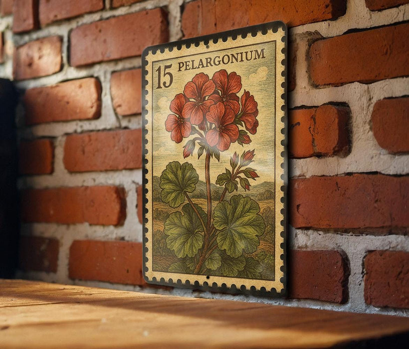 A vintage-style postage stamp featuring a large red flower with green leaves, mounted on a brick wall.