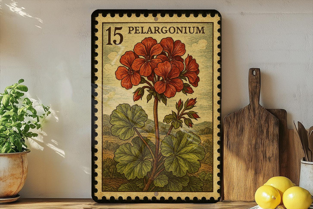 A framed illustration of a red gerbera daisy on a wooden shelf, with a kitchen cutting board and lemons nearby.
