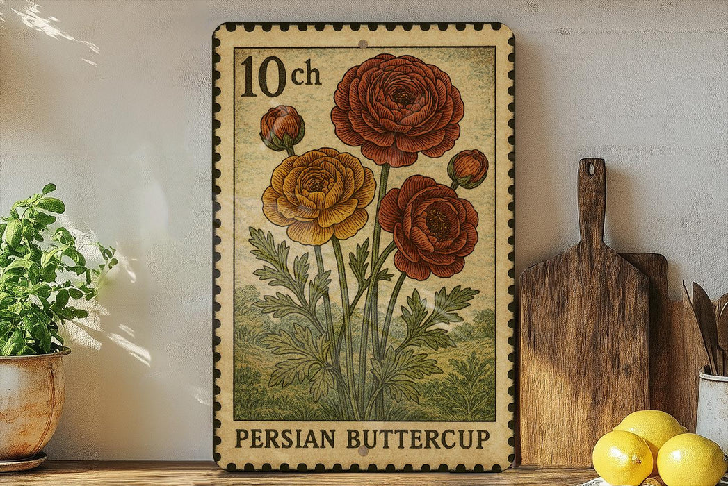 A vintage-style metal stamp with a floral design, featuring a Persian buttercup flower, is displayed on a shelf next to a wooden cutting board and some potted plants.
