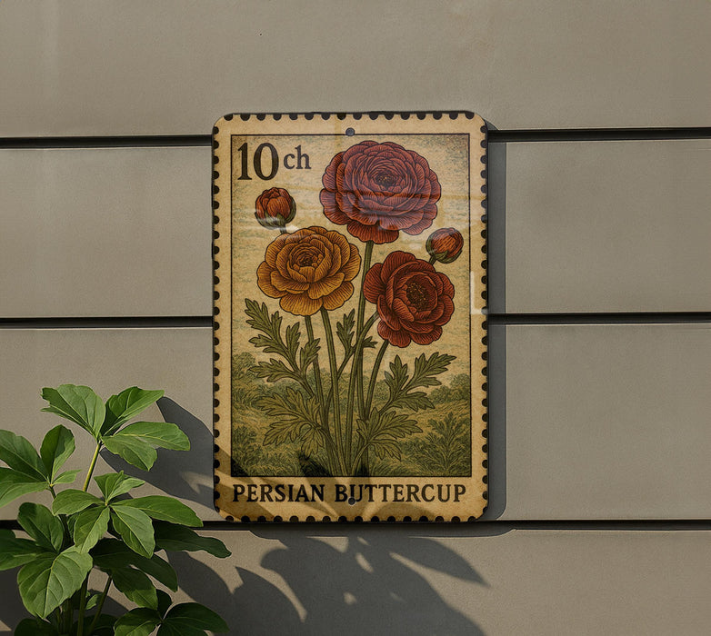 A 10-cent stamp featuring a floral design with three red and orange roses, along with the text "Persian Buttercup" printed on it.