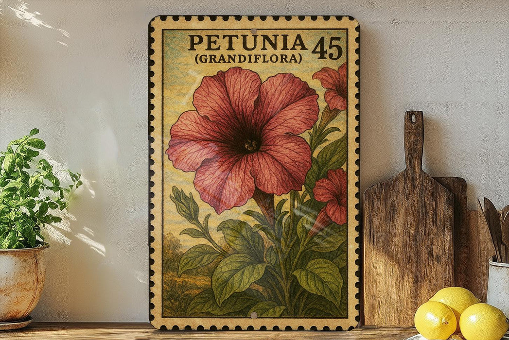 A framed illustration of a large pink flower is displayed on a shelf, accompanied by a wooden cutting board, a potted plant, and a lemon.