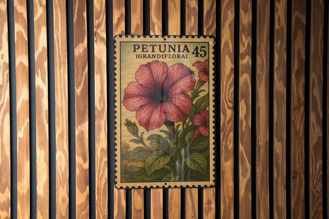 A vintage-style postage stamp from Petunia, featuring a large pink hibiscus flower and green leaves, is displayed on a wooden wall.