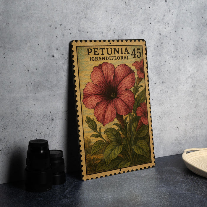 A metal stamp with a floral design, featuring a large red flower surrounded by green leaves, is displayed on a table.