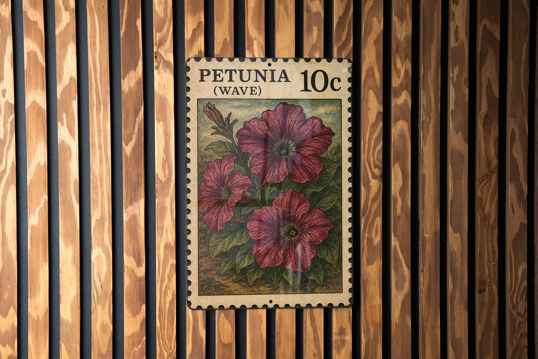 A 10c Petunia (wave) postage stamp is displayed on a wooden wall.